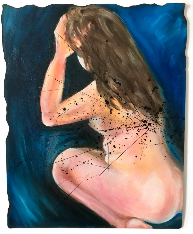 "Lungs" (2020, oil and ink on paper, burned edges)